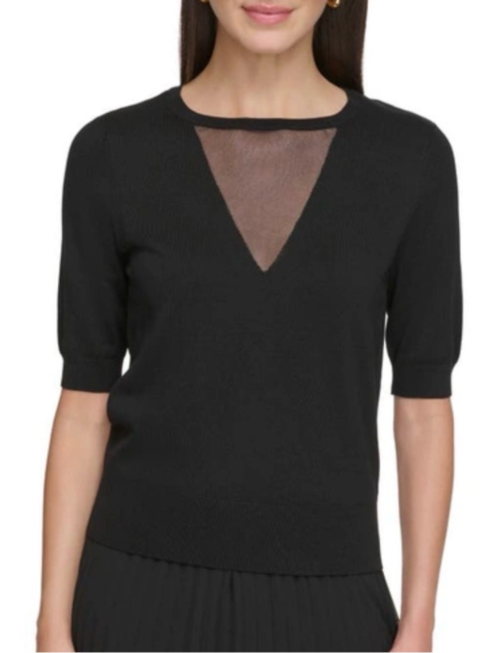 DKNY Black V-Insert Mesh V‑Neck Sweater